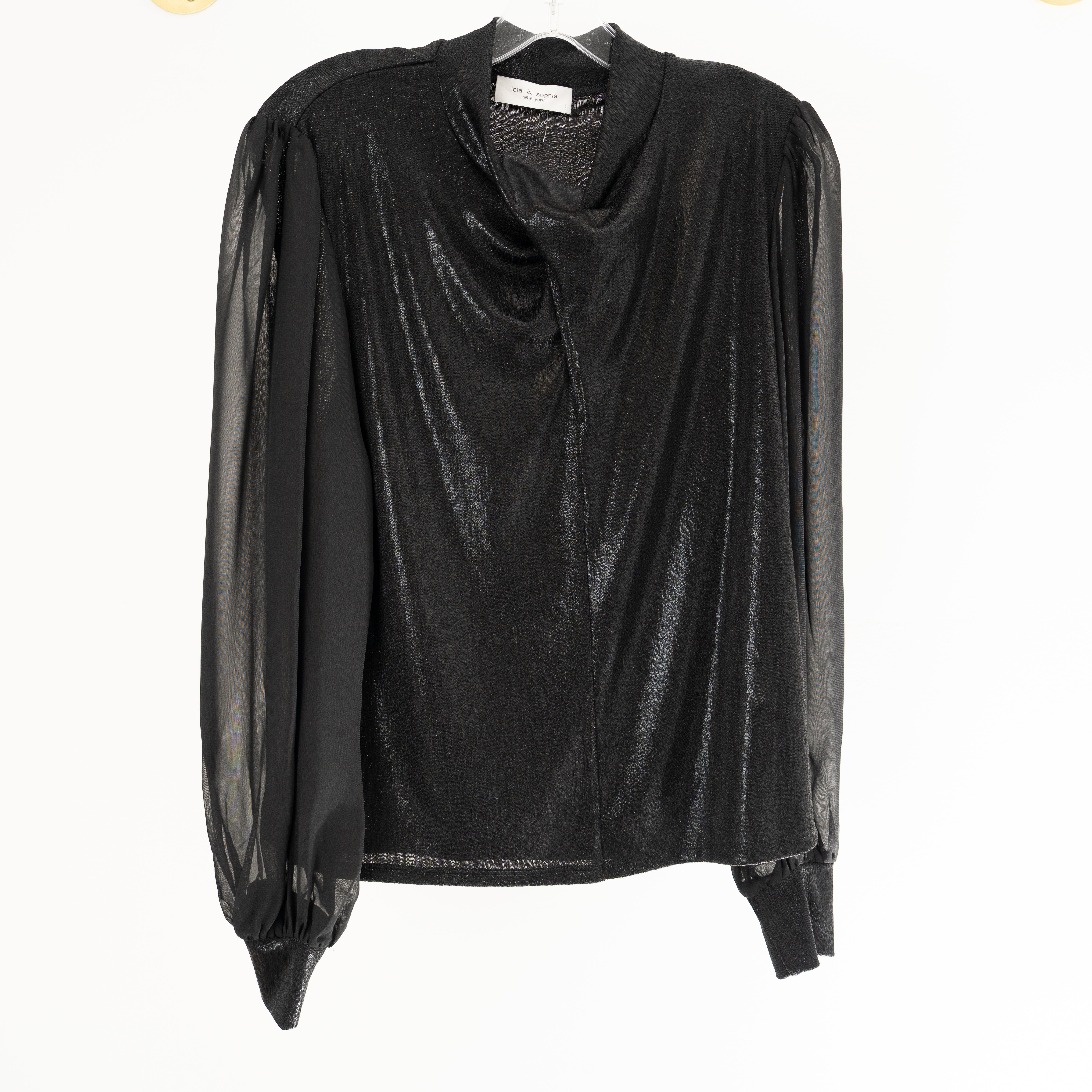 Black Shimmer Blouse – Sheer Sleeve Metallic Top with Draped