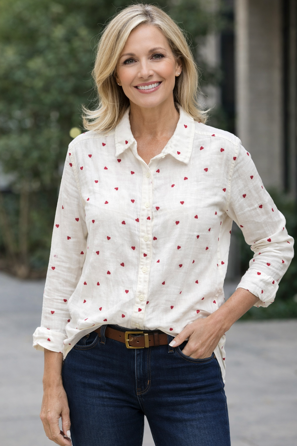 Women’s white button down top with red heart print from Ellen Jane Boutique, lightweight and flattering casual chic blouse for everyday wear