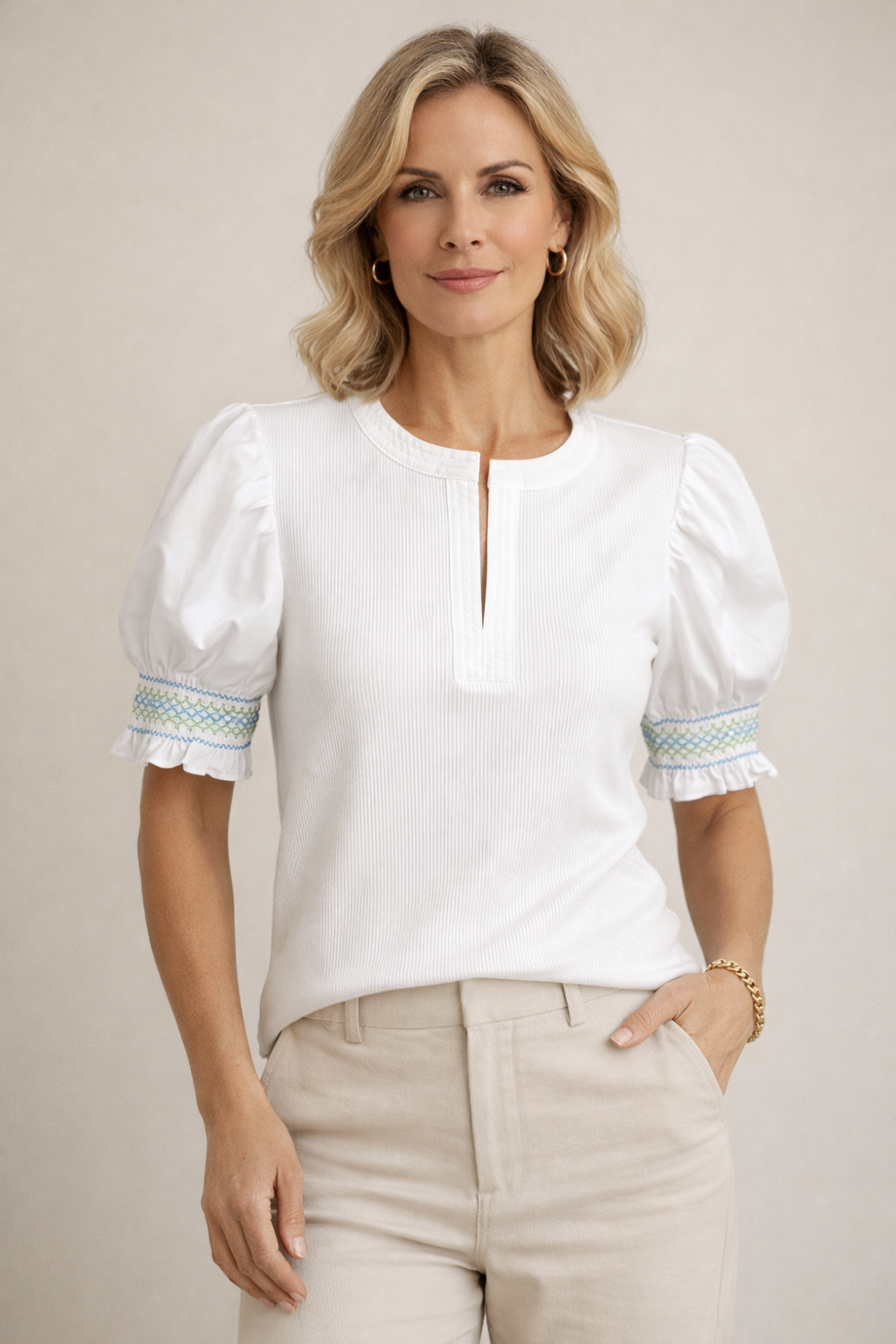 White puff sleeve ribbed blouse for women with embroidered sleeve detail from Ellen Jane Boutique